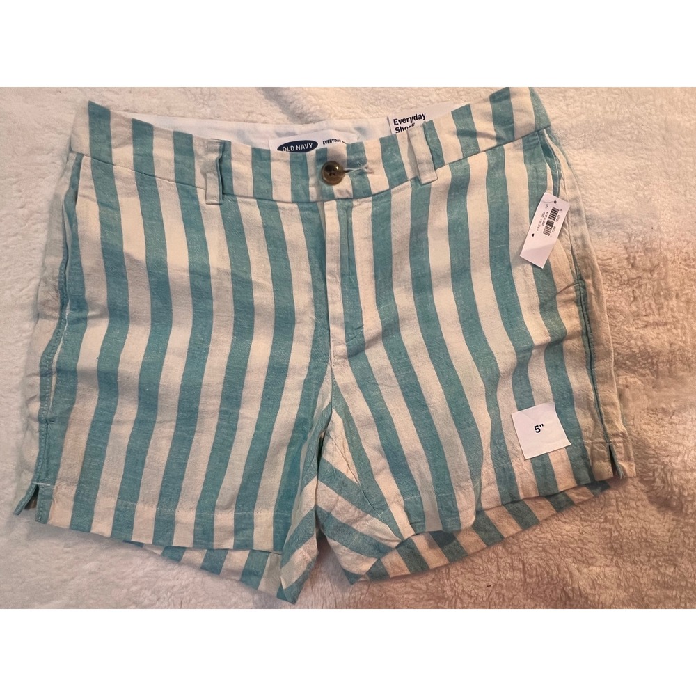 Old Navy Everyday Short Womens 4 Teal White Striped Linen Blend 5 Inch Inseam